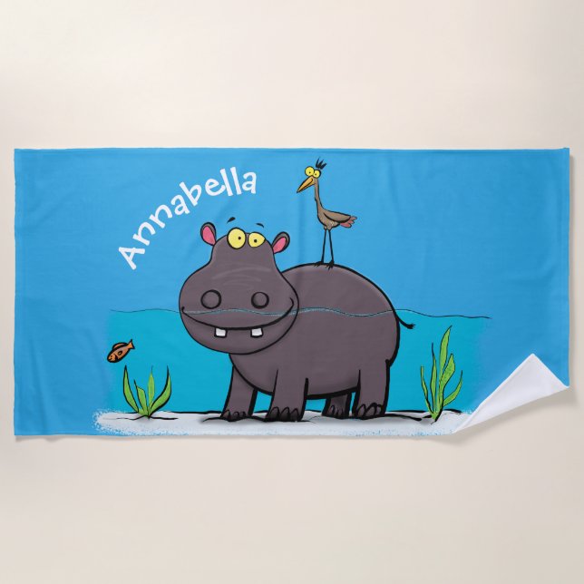 Cute funny hippopotamus with bird cartoon beach towel (Front)