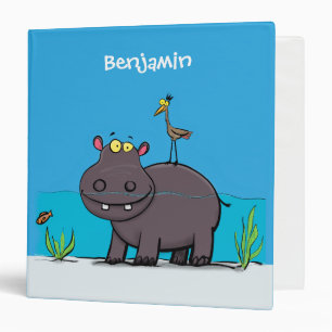 Cute funny hippopotamus with bird cartoon binder