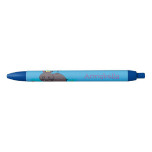 Cute funny hippopotamus with bird cartoon black ink pen
