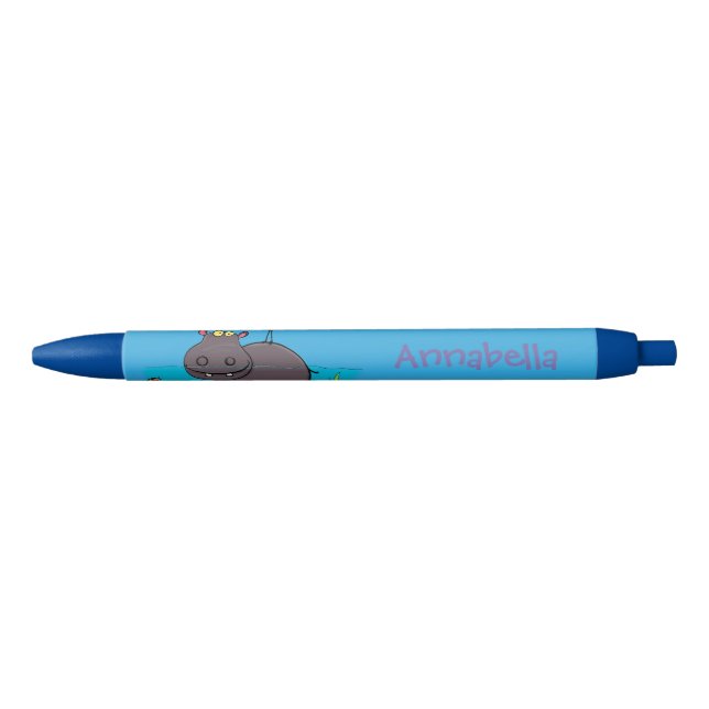 Cute funny hippopotamus with bird cartoon black ink pen (Front)
