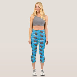 Cute funny hippopotamus with bird cartoon capri leggings