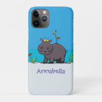 Cute funny hippopotamus with bird cartoon