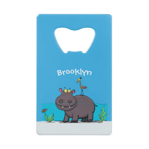 Cute funny hippopotamus with bird cartoon credit card bottle opener