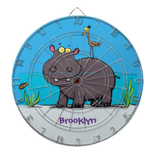 Cute funny hippopotamus with bird cartoon dartboard