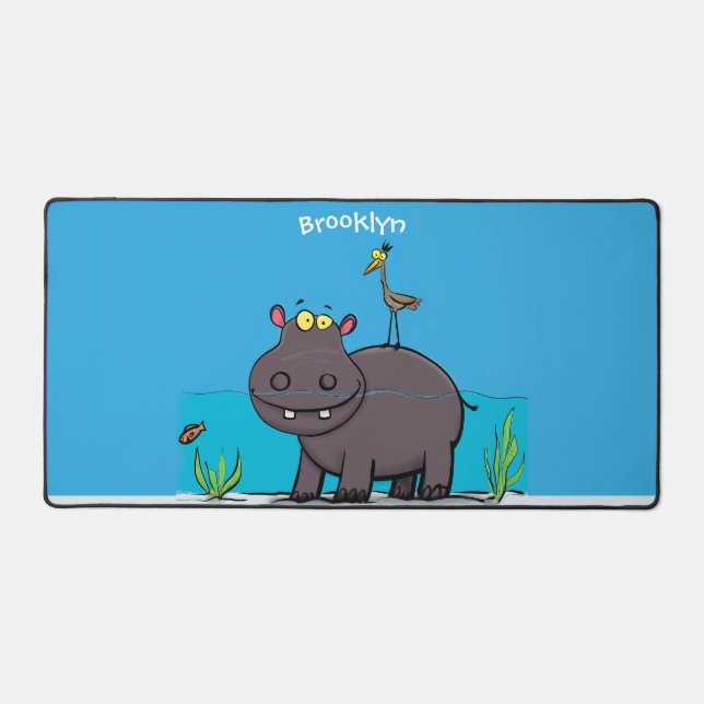 Cute funny hippopotamus with bird cartoon desk mat (Front)