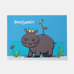 Cute funny hippopotamus with bird cartoon doormat