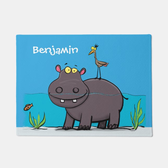 Cute funny hippopotamus with bird cartoon doormat (Front)