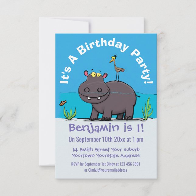 Cute funny hippopotamus with bird cartoon invitation (Front)
