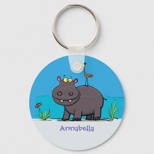 Cute funny hippopotamus with bird cartoon keychain (Front)