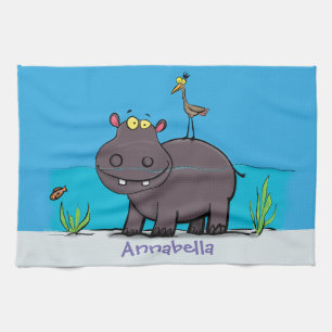 Cute funny hippopotamus with bird cartoon kitchen towel