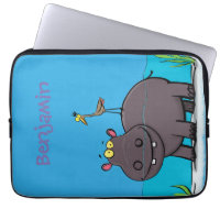 Cute funny hippopotamus with bird cartoon