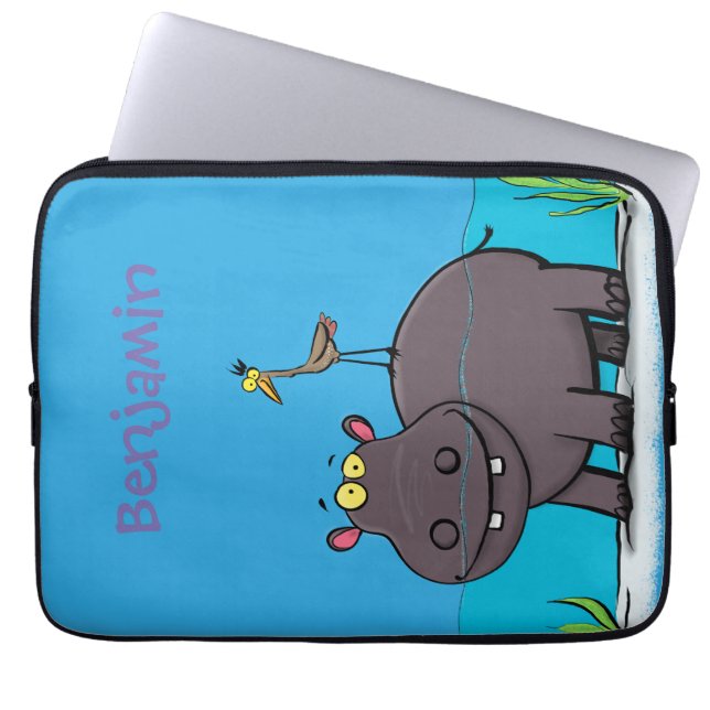 Cute funny hippopotamus with bird cartoon laptop sleeve (Front)