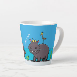 Cute funny hippopotamus with bird cartoon latte mug