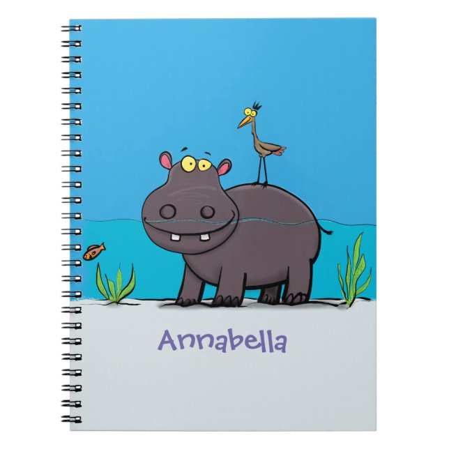 Cute funny hippopotamus with bird cartoon notebook (Front)