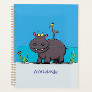 Cute funny hippopotamus with bird cartoon planner