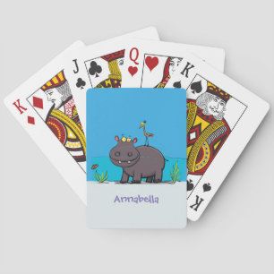 Cute funny hippopotamus with bird cartoon playing cards