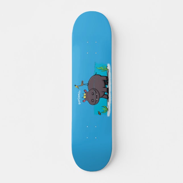 Cute funny hippopotamus with bird cartoon skateboard (Front)