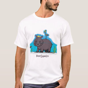 Cute funny hippopotamus with bird cartoon T-Shirt