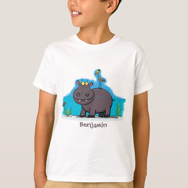 Cute funny hippopotamus with bird cartoon T-Shirt (Front)