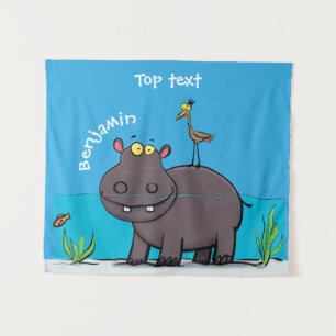 Cute funny hippopotamus with bird cartoon tapestry