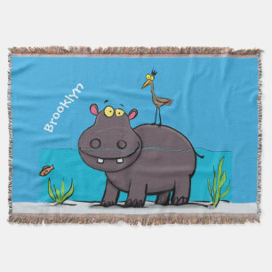 Cute funny hippopotamus with bird cartoon throw blanket