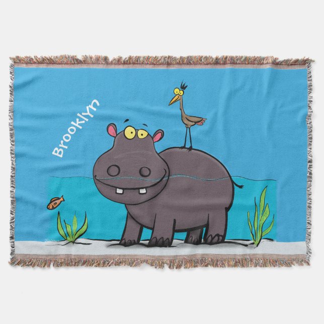 Cute funny hippopotamus with bird cartoon throw blanket (Front)