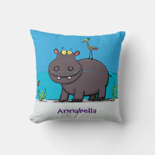 Cute funny hippopotamus with bird cartoon throw pillow