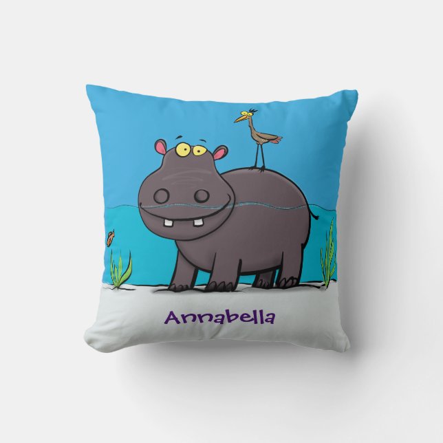 Cute funny hippopotamus with bird cartoon throw pillow (Front)