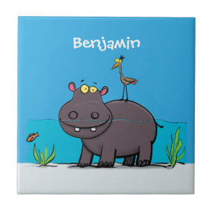 Cute funny hippopotamus with bird cartoon tile