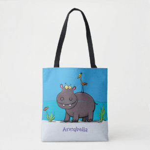 Cute funny hippopotamus with bird cartoon tote bag