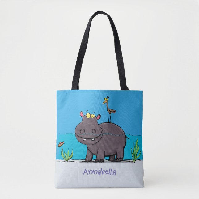 Cute funny hippopotamus with bird cartoon tote bag (Front)