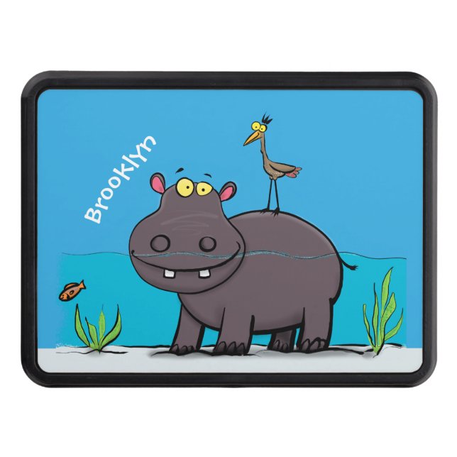 Cute funny hippopotamus with bird cartoon trailer hitch cover (Front)