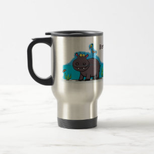 Cute funny hippopotamus with bird cartoon travel mug
