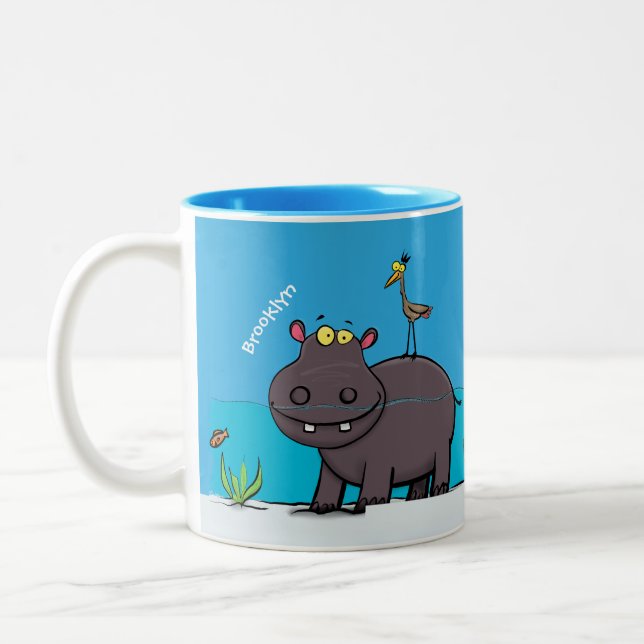 Cute funny hippopotamus with bird cartoon Two-Tone coffee mug (Left)