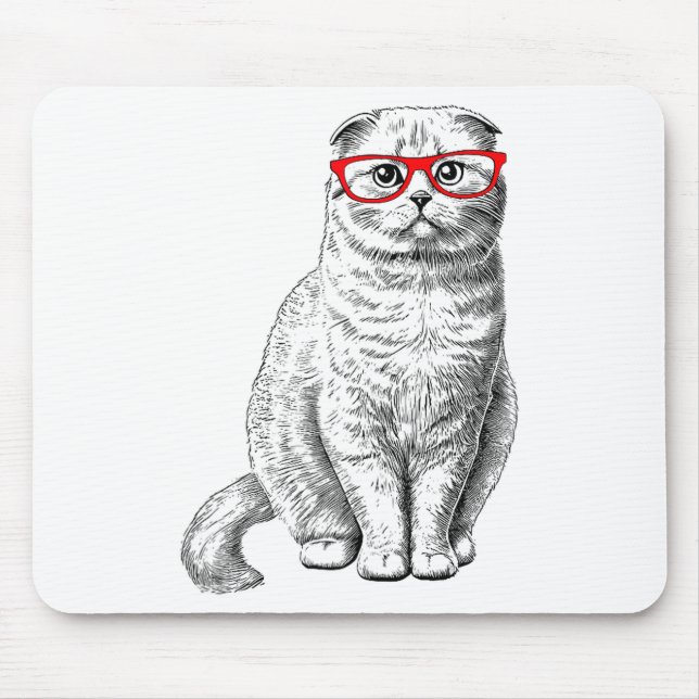 Cute Funny Hipster Gles Scottish Fold Cat Lover Fo Mouse Pad (Front)