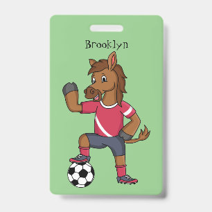 Cute funny horse playing soccer cartoon badge