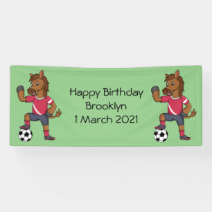 Cute funny horse playing soccer cartoon banner