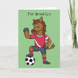 Cute funny horse playing soccer cartoon card