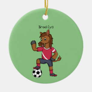 Cute funny horse playing soccer cartoon ceramic ornament