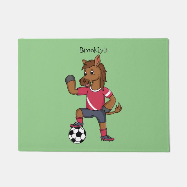 Cute funny horse playing soccer cartoon doormat (Front)