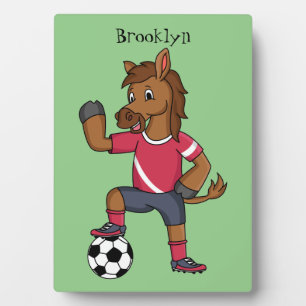 Cute funny horse playing soccer cartoon plaque
