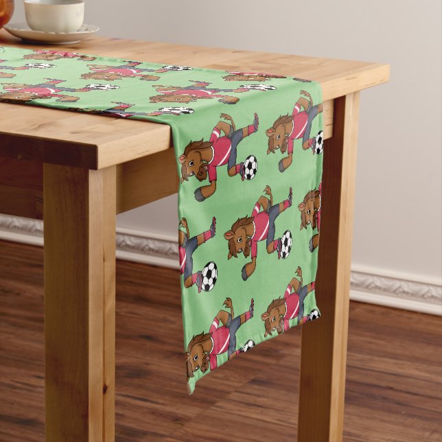 Cute funny horse playing soccer cartoon short table runner (In Situ)