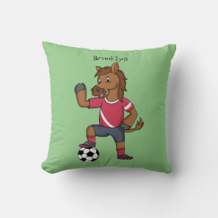 Cute funny horse playing soccer cartoon throw pillow