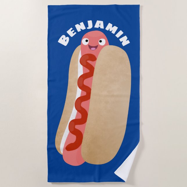 Cute funny hot dog Weiner cartoon Beach Towel (Front)