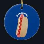 Cute funny hot dog Weiner cartoon  Ceramic Ornament<br><div class="desc">This funny hot dog is ready with ketchup for lunch! Drawn in cute cartoon style.</div>