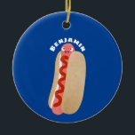 Cute funny hot dog Weiner cartoon  Ceramic Ornament<br><div class="desc">This funny hot dog is ready with ketchup for lunch! Drawn in cute cartoon style.</div>