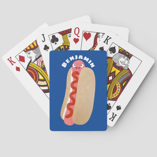 Cute funny hot dog Weiner cartoon  Playing Cards (Back)
