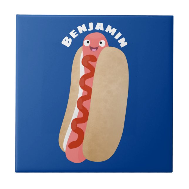 Cute funny hot dog Weiner cartoon Tile (Front)