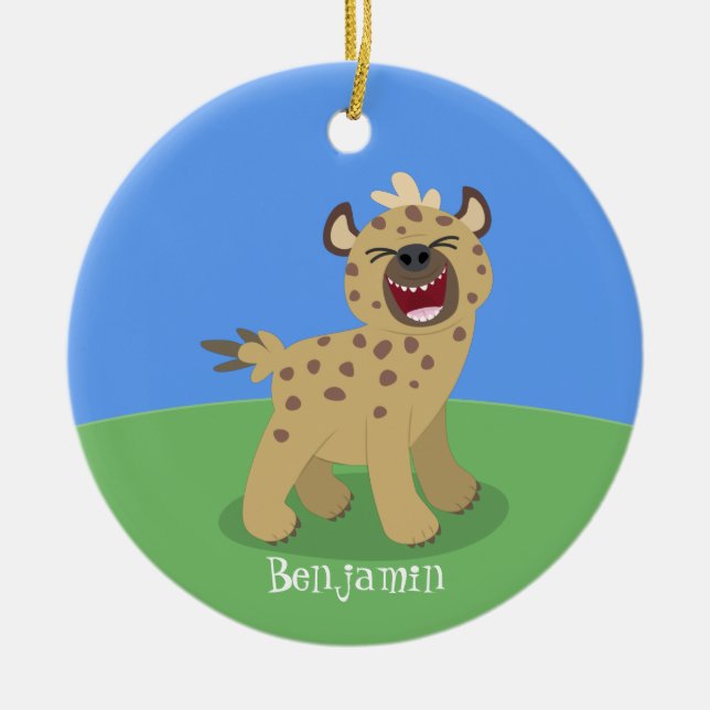 Cute funny hyena laughing cartoon illustration ceramic ornament (Front)