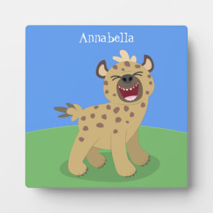 Cute funny hyena laughing cartoon illustration plaque
